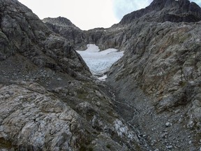 Files:  Handout photo of Coquitlam Glacier shot in 2021. Note how much of the bedrock exposed rock in the left-middle of the glacier.