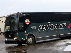 An October 2019 file photo shows a Red Arrow bus in Calgary.