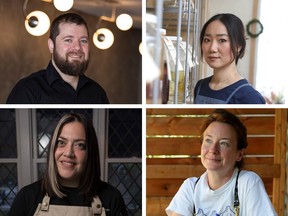 In 2022, Justin Champagne-Lagarde of Perch, top left, saw his Preston Street restaurant rank fourth among Canada's new restaurants and chef Briana Kim of Alice Restaurant, top right, qualified for the Canadian Culinary Championship. But Dominique Dufour of Gray Jay, bottom left, and Marysol Foucault of Chez Edgar, bottom right, closed their acclaimed eateries in 2022. Errol McGihon/Julie Oliver/ composition Elizabeth Mavor