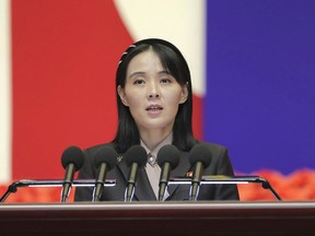This photo provided by the North Korean government, Kim Yo Jong, sister of North Korean leader Kim Jong Un, delivers a speech during the national meeting against the coronavirus, in Pyongyang, North Korea, Aug. 10, 2022.