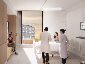 An architect's rendering of a patient room at the new Civic campus of The Ottawa Hospital features a floor-to-ceiling window, unfettered access to the patient's bed, a door with a window (to allow medical staff to check on patients more easily), and a wheelchair accessible bathroom.