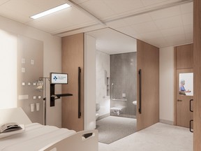 An architect’s rendering of a patient room at the new Civic campus of The Ottawa Hospital features a floor-to-ceiling window, unfettered access to the patient’s bed, a door with a window (to allow medical staff to check on patients more easily), and a wheelchair accessible bathroom.