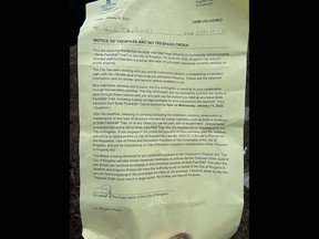 The Notice of Trespass and No Trespass Order delivered by City of Kingston bylaw officers to individuals camping behind the Integrated Care Hub on Friday.