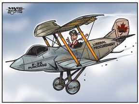 À l'usage exclusif du Edmonton Journal.  Les libéraux utilisent des achats désuets pour obtenir des chasseurs F-35 modernes.  (Dessin animé de Malcolm Mayes)