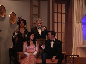 Alexx Stecher, performs as Antonia Martson (L), Sara Whitley, performs as Vera Claythorne (2ndFL), Jacob Delle Palme, performs as William Blore (3rdFL), Joshua Walmsley, performs as Philip Lombard (4thFL), during Holy Trinity High School’s Cappies production of the And Then There Were None.