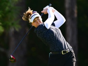 Brooke Henderson of Canada plays her shot from the fifth tee during the second round of the Hilton Grand Vacations Tournament of Champions at Lake Nona Golf & Country Club on Jan. 20, 2023 in Orlando, Florida.