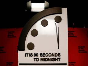 The 2023 Doomsday Clock is displayed before a live-streamed event with members of the Bulletin of the Atomic Scientists on Jan. 24, in Washington, D.C.