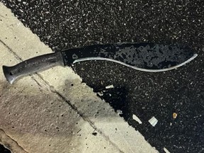 This photo provided by NYPD shows a weapon used to attack three NYPD police officers on Saturday, Dec. 31, 2022 in New York.