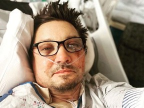 Alongside a photo of his bruised face, Jeremy Renner wrote on Instagram: "Thank you all for your kind words. [Prayer emoji]. Im too messed up now to type. But I send love to you all."
