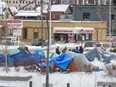 A homeless encampment in downtown Kitchener, Ont., Jan. 31, 2023.