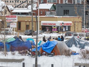A homeless encampment in downtown Kitchener, Ont., Jan. 31, 2023.