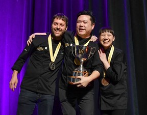 Winners of the 2020 Canadian Culinary Championship, from left: Marc-André Jetté of Hoogan and Beaufort representing Montreal; Roger Ma of Boulevard Kitchen and Oyster Bar representing Vancouver; and Emily Butcher of deer + almond representing Winnipeg.