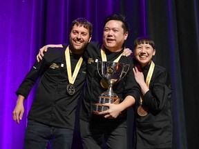 Winners of the 2020 Canadian Culinary Championship, from left: Marc-André Jetté of Hoogan and Beaufort representing Montreal; Roger Ma of Boulevard Kitchen and Oyster Bar representing Vancouver; and Emily Butcher of deer + almond representing Winnipeg.