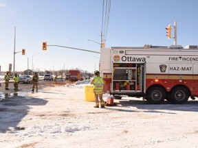 The Ottawa Fire Services Hazard Materials (HazMat) unit responded to a collision involving an OC Transpo bus and another vehicle at the intersection of Hunt Club and Hawthorne roads. One of the bus's fuel tanks was ruptured, causing a  diesel fuel leak.