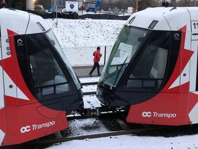 One LRT trains sits near Lees Station in Ottawa Monday. Service to the east end of Ottawa continues to be a problem for OC Transpo.   TONY CALDWELL, Postmedia.