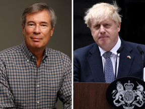 Sam Blyth, left, and Boris Johnson, when he resigned as prime minister in July.