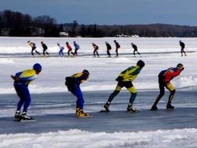 Skaters compete in a Skate the Lake race on Big Rideau Lake in 2018.