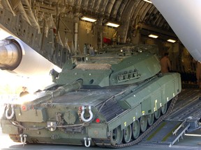 A Canadian Army Leopard tank is loaded on to a US Air Force C-17 aircraft for transportation to Afghanistan in 2006. US Air Force photo/ Master Sgt.  Mitch Gettle