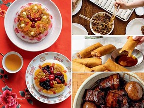 Clockwise from left: Eight treasures sticky rice, vegetable and mushroom spring rolls, and red braised pork belly with eggs from The Woks of Life.