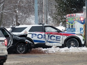 Emergency services at the scene investigating a collision between a Kingston Police cruiser and a vehicle at the intersection of Princess Street and Taylor-Kidd Boulevard on Jan. 30, 2023.