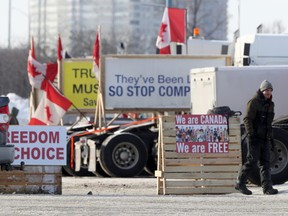 Truckers at RCGT Park — a.k.a. the baseball stadium — are shown on Feb. 7, 2022. The area city councillor only learned of their presence through the news media.