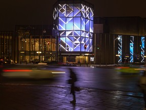 The NAC at night, highlighting the Kipnes Lantern. In March, Fall on Your Knees will be performed b the NAC's English theatre.