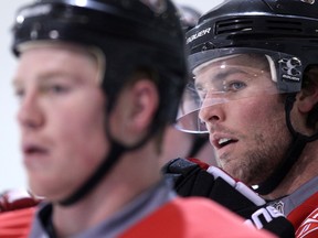 Chris Neil (left) and Mike Fisher watch a drill as the Ottawa Senators practice at the Bell Sensplex in Ottawa, Ont., Jan. 26, 2011.