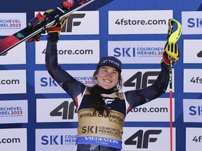 Quebec's Laurence St-Germain of Team Canada celebrates after winning the gold medal in the FIS Alpine World Cup Championships Women's Slalom on Feb. 18, 2023 in Courchevel Meribel, France.