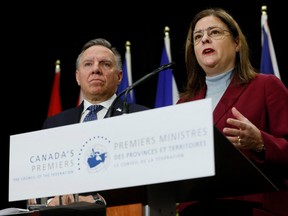 Manitoba Premier Heather Stefanson takes part in a news conference with Quebec Premier Francois Legault as Provincial and Territorial premiers gather to discuss healthcare in Ottawa, Ontario, Canada, February 7, 2023.