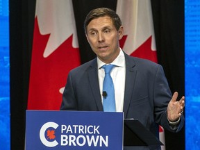 Leadership candidate Patrick Brown takes part in the Conservative Party of Canada English leadership debate on May 11, 2022. He would later be forced out of the race after allegations emerged that he had broken rules.