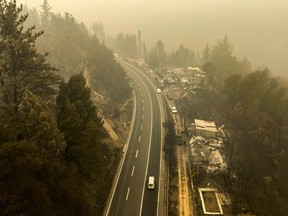 Aereal view of the forest fire in Santa Juana, Concepcion province, Chile on Feb. 5, 2023. - Forest fires in south-central Chile have killed at least 24 people, injured 997 and completely destroyed 800 homes in five days, according to the last official reports.
