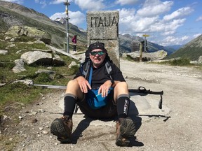 OTTAWA -- February 28, 2023 -- Michael Baine in August 2019, less than one year before his cancer diagnosis, while on a 450 km trek from Munich, Germany, to Venice, Italy.  Photo courtesy of the Baine family