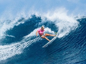 This handout photo taken and released on May 31, 2016 by the World Surf League shows US surfer Bethany Hamilton in action at the Fiji Women's Pro at Tavarua.