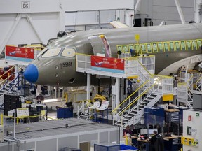 An Airbus A220 at the Airbus Canada LP assembly and finishing site in Mirabel.