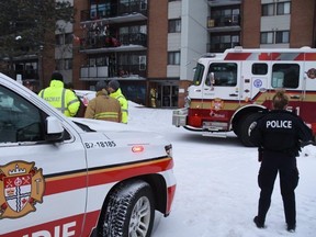 The Ottawa Fire Service's hazmat team was at a high-rise building on St. Laurent Boulevard Sunday, Feb. 5, 2023, after multiple residents reported an overwhelming "paint-like smell" inside.
