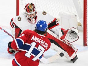 Montreal Canadiens' Josh Anderson takes a shot on Ottawa Senators goaltender Mads Sogaard during second period NHL hockey action in Montreal, Saturday, February 25, 2023.