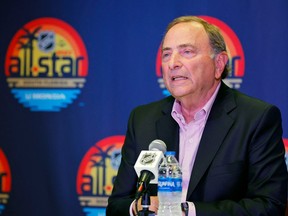 NHL commissioner Gary Bettman talks to the media before the 2023 NHL All-Star Game at FLA Live Arena on Saturday.