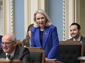 Quebec Minister for Health and for Seniors Sonia Belanger tables a legislation on end of life care and assisted death, Thursday, Feb. 16, 2023 at the legislature in Quebec City.