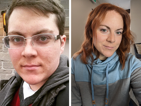 Michelle Zacchigna, 34, of Orillia, Ont., when she was taking testosterone, left, and after she stopped, right.