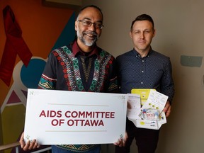 Khaled Salam, executive director of the AIDS Committee of Ottawa, and Patrick O'Byrne, professor of nursing at the University of Ottawa and a nurse practitioner with Ottawa Public Health, who developed the GetAKit program.