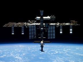 The International Space Station (ISS) is photographed by Expedition 66 crew member Roscosmos cosmonaut Pyotr Dubrov from the Soyuz MS-19 spacecraft, in this image released April 20, 2022.