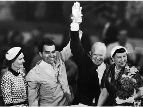 Then-senator Richard Nixon, second from left, and Dwight D. Eisenhower, second from right, and their wives attend the Republican convention in July 1952 in Chicago.