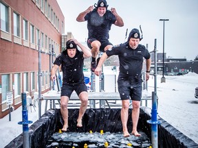 The Polar Plunge returned after the pandemic caused a pause for the in-person event, that was held at Algonquin College, Saturday. Ottawa ppolice and partners came together to host the chilly event in support of the Special Olympics. Three Ottawa police members took the cold plunge with the team name Shock & Thaw. From left, Const. Sébastien Lemay, Const. Paul Stam, and Staff Sgt. Cory Robertson.