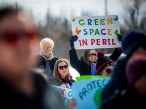 Carlsbad Springs residents and community organizations gathered together in the Ludger Landry Park on Piperville Road  Sunday, March 12, 2023 to rally against tree cutting on Tewin lands