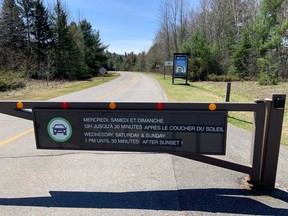 Signage from last spring shows restrictions that were placed on vehicle access to the Gatineau Park parkways in 2022.