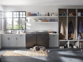 The Maytag Pet Pro System is available in electric and gas models and in volcano black and white.