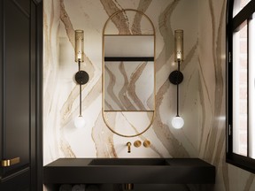 Shown here in a powder room, bold stone also works well as backing for open shelving