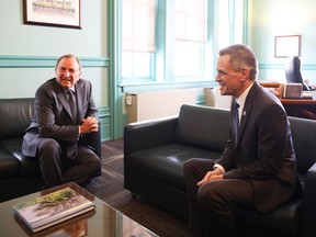 National Hockey League Commissioner Gary Bettman (L) met with Ottawa Mayor, Mark Sutcliffe at the Mayor’s office, March 27, 2023. Both have said that a new Ottawa Senators owner doesn’t necessarily have to play at LeBreton Flats.