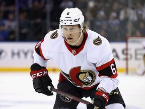 Ottawa Senators' Jakob Chychrun skates against the New York Rangers at Madison Square Garden on March 02, 2023 in New York City. Chychrun became only the sixth player in the club to wear No. 6.