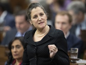 Deputy Prime Minister and Finance Minister Chrystia Freeland rises during Question Period, Monday, January 30, 2023 in Ottawa.